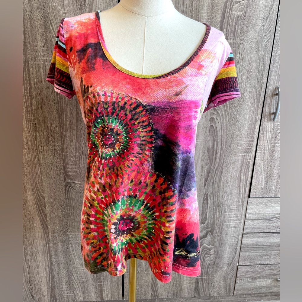 DESIGUAL Colorful Mandala Print Striped Designer T-Shirt. Size M